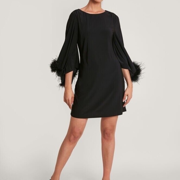Elegant Black Feather-Trim Dress - Picture 1 of 7